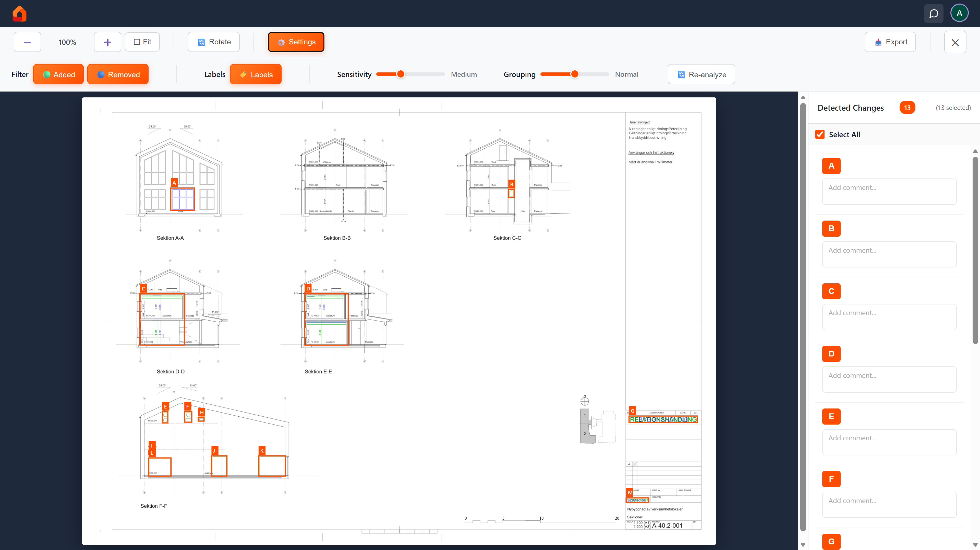 PDFverifier viewer showing 13 detected changes on an architectural drawing, with additions and deletions highlighted in colored boxes